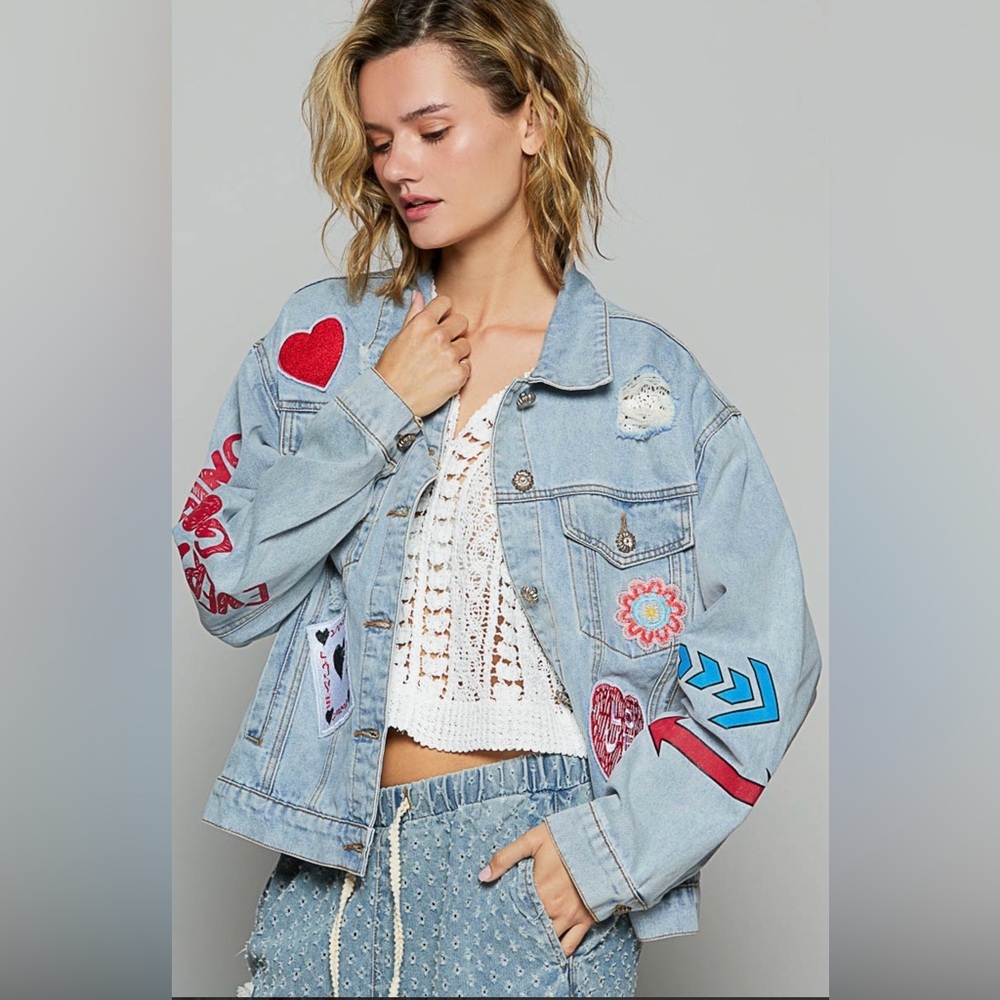 POL SMJ408 HOST PICK 🎉🎉🎉Denim Jacket with Colorful Patches